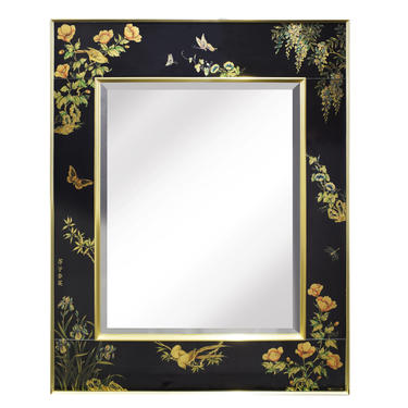 Artisan Reverse Painted Mirror with Chinese Butterfly Motif 1983 (Signed and Dated)