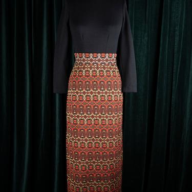 Vintage 1960s ACT III Long Sleeved Mock Neck Black Bodysuit and Aztec Print Lurex Maxi Skirt with Buttons Down Front 