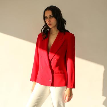 80s Double Breasted Cropped Blazer | Red Worsted Wool Jacket | Made in the USA | Vintage Crop Blazer with Broad Shoulders and Peak Lapel 