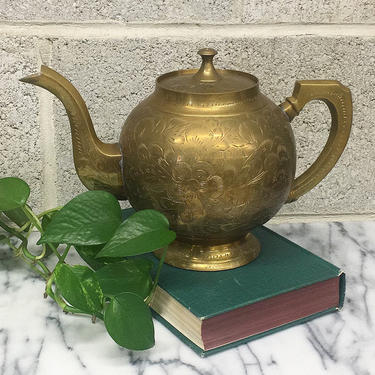 Vintage Teapot Retro 1970s Bohemian + Brass + Etched Flower Design + Gooseneck Spout with Handle + Serving + Tea + Coffee + Kitchen Decor 