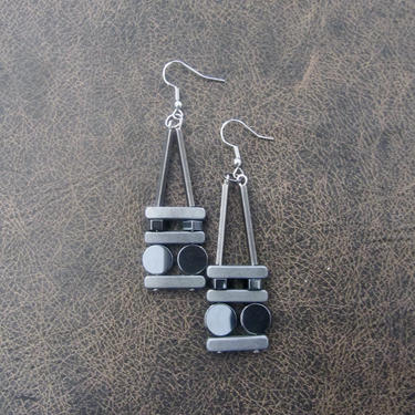 Geometric earrings, gray hematite earrings, statement earrings, mid century modern earrings, Brutalist earrings, brushed silver earrings 