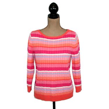 Stripe Cotton Sweater Medium, Pastel Pullover Cable Knit Ribbed, Casual Clothes Women, Vintage Clothing from Ralph Lauren, Made in Hong Kong 
