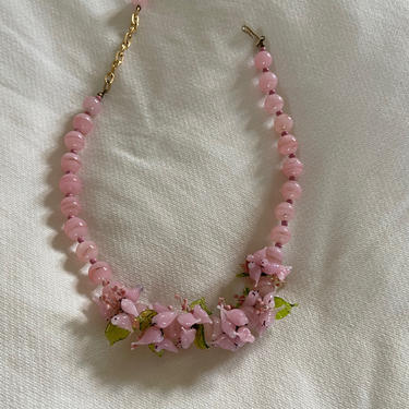 vintage Murano glass necklace / vintage pink Venetian murano glass garden bird cluster hand blown glass choker necklace 