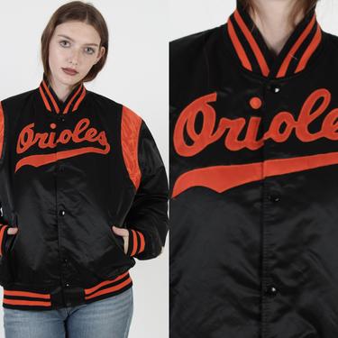Baltimore Orioles Starter Jacket / Vintage 80s MLB Baseball Coat / Black Satin Bomber Coat Jacket Unisex Large L 