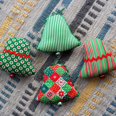 Vintage 1970s Handmade Christmas Tree Ornaments - Calico Fabric Kitschy Ornaments Holiday Decor Bells - Set/4 