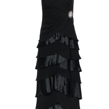 Tadashi Shoji - Black Tiered Silk Gown w/ Rhinestone Brooch Sz 4P