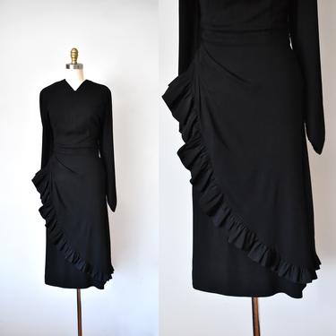 Iris rayon ruffle 1940s dress, black cocktail dress, long sleeve dress, vintage clothing 