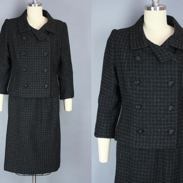 1960s BALENCIAGA Suit | Vintage 60s Designer Wool Two Piece Skirt in Black and Grey | xs 
