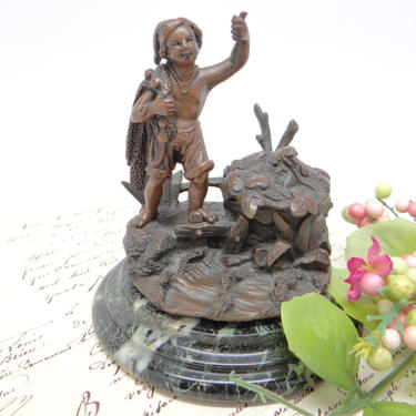 Antique Reaumur French Bronze &amp; Marble Fisherman Boy Inkwell 