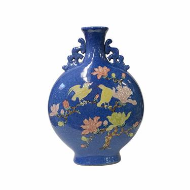 Chinese Last Night Blue Porcelain Flower Bird Round Flat Flask Vase ws1717E 
