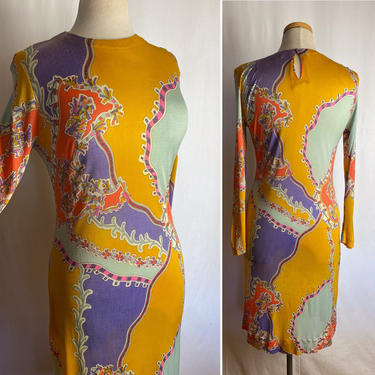 Vintage Pucci Style dress~ 1960’s-70s psychedelic print~colorful thin sheer knit fitted~ swirling snug fit~ size small 