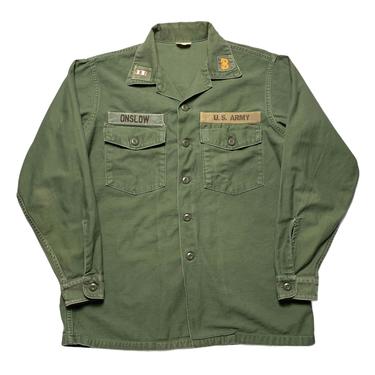 Vintage 1960s OG-107 US Army Utility Shirt ~ fits L ~ Military Uniform ~ Patches / Named 
