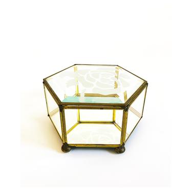 Vintage Brass and Glass Hexagonal Rose Box 