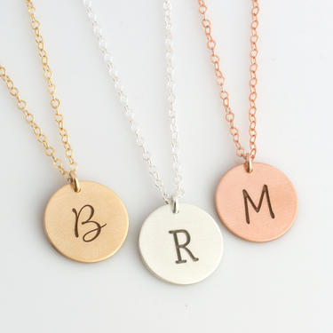 Initial Disc Necklace, Personalized Initial Necklace, Engraved Initial, Custom Circle,Monogram Necklace,Letter Necklace,Rose Gold Filled, V2 