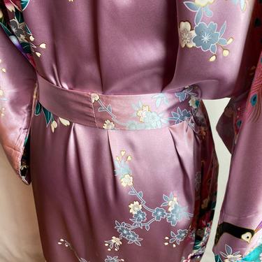 Silky Robe long satin Floral bird print~ Peacocks Asian flowers cheongsam style kimono inspired robes Pockets size large open size 
