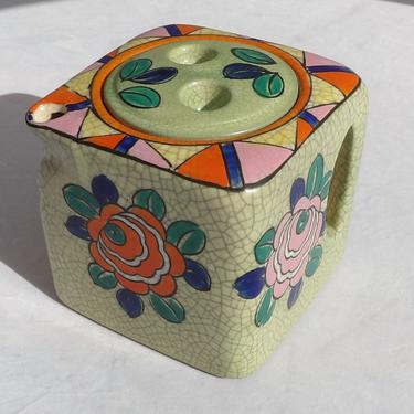 1960's Mid Century Modern Chinoserie Japanese Tea Pot Square Stoneware With Crackle Glaze Floral Motif Orange Purple Green Pink Colors 
