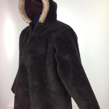 1950's FAUX-FUR Pullover Sweater Jacket with Fur Trimmed Hoody / CAMPUS / Men's Size Large 