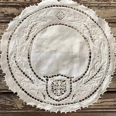 Pair Antique Doilies Whitework Embroidery with Crests Shields 