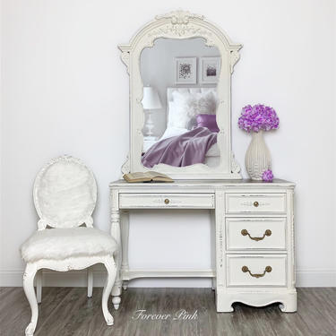 Stunning Vanity with Mirror and Chair - Painted White Vanity Desk 