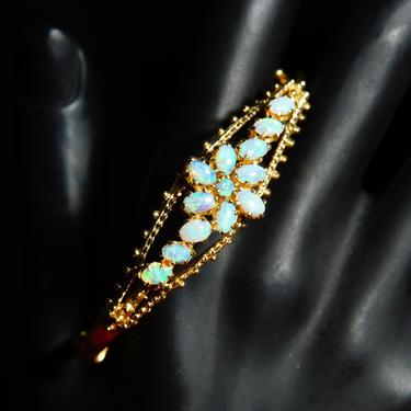 Vintage 14K Gold Opal Cluster Bracelet, Art Deco Opal Cuff, Small Yellow Gold Bangle With 13 Iridescent Opal Gemstones, Floral Design, 6” L 