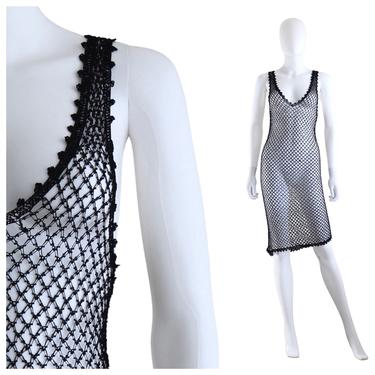 KILLER 1990s Black Crochet & Beaded Fish Net Mesh Dress - 1990s Mesh Dress - 1990s Crochet Dress - 90s Dress | Size Extra Small / Small 