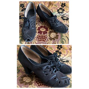 1940s Heels // Brushed Leather Lace-Up Peep toe Heels // vintage 40s heels 