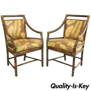 Pair of McGuire Rattan Target Back Dining Arm Chairs Bulls Eye Wicker Bamboo