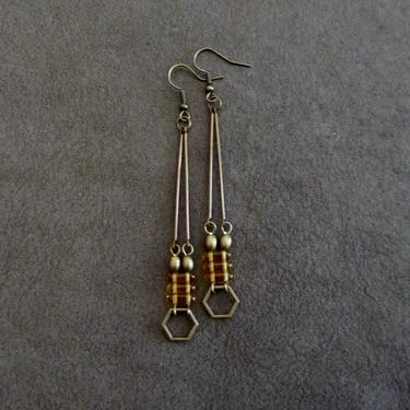 Minimalist yellow earrings, bronze mid century earrings, statement earrings, brutalist earrings, geometric earrings, simple dangle 