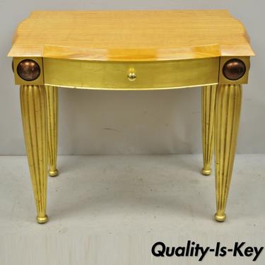 Italian Hollywood Regency Curly Maple Gold Gilt Leaf 1 Drawer Console Hall Table