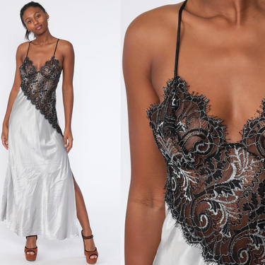 Satin Nightgown Silver Slip Dress Maxi Crochet Lace Lingerie Vintage 90s Nightgown Black Metallic Spaghetti Strap Frederick's 1990s Medium 