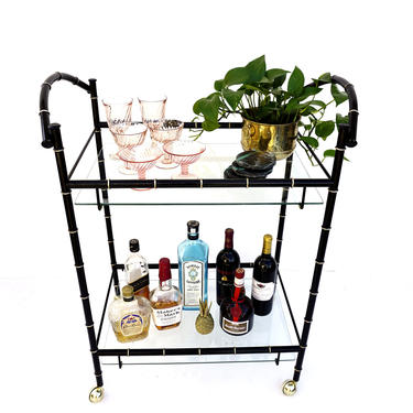 Vintage Faux Bamboo Bar Cart || Hollywood Regency Two-Tier Black &amp; Gold Metal Rolling Server || Chinoiserie Chic Versatile Cocktail Cart 
