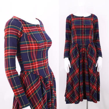 70s BETSEY JOHNSON Alley Cat plaid wool punk dress XS  / vintage 1970s woven Victorian style bodice dress 7/8 