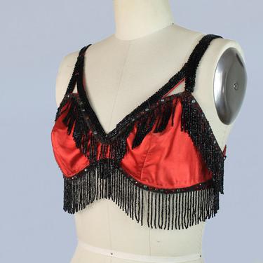 1930s Red Satin Showgirl Bra / Burlesque 30s Beaded Fringe Bra 
