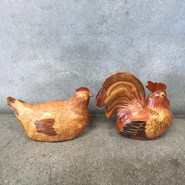 Mid Century Pair of Chinese Lacquered Woodcraft Birds: Rooster &amp; Chicken