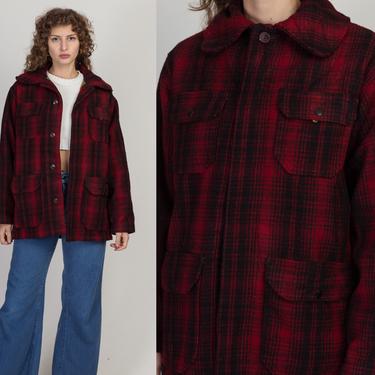 60s 70s Woolrich Red & Black Plaid Coat - Men's Small, Women's Medium, Size 36 | Vintage Button Up Mackinaw Hunting Field Jacket 