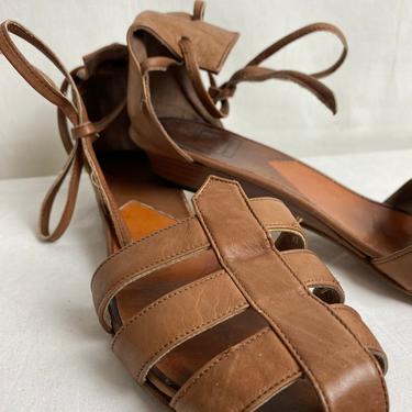 80’s Italian leather sandals~ strappy lace up style brown leather shoes~ ankle straps~ wedge heel gladiator  by Mondi~ size 8 M 