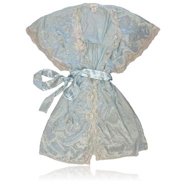 80s Pastel Baby Blue Satin Bed Jacket Robe // Cream Lace with Soft Pink and Cream Floral Detail Sara Beth Lingerie // Size Small 