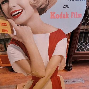 1960s Kodak cardboard cut out store display. Woman with camera. Life size photographer gift 