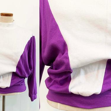 True Vintage Oversized Pullover Abstract Mock Neck Purple White 80s 1980s Sweatshirt Jumper Dolman Long Sleeves Large XL XXL Plus 