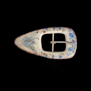 Vintage Ken Edwards Tonala Hand Made Hand Painted Pottery Ceramic Belt Buckle with Floral / Bird Scene Mexico Mexican Ceramics 