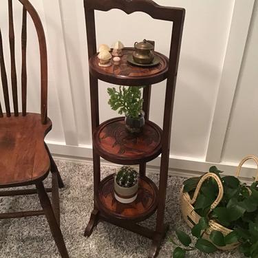 Vintage Pie Stand 3 Tier Wood Folding Table Folk Koi Fished Carved Plant Stand 