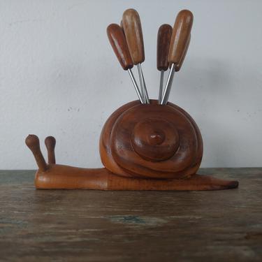 Danish Modern Carved Wood Snail Cocktail Escargot Fork Holder 