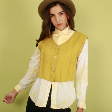 70s Mustard Yellow Linen Vest Vintage Cropped Sleeveless Vest Crop Top 