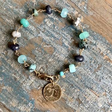 Gemstone Bracelet with Blue, Green, Aqua, and Turquoise Stones and Hand Stamped Palm Tree Charm