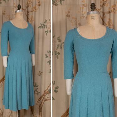 1950s Sweater Dress - Scarce Turquoise Blue Bombshell 50s Knit Dress in Wool Boucle, Volup Size with Scoop Neck 