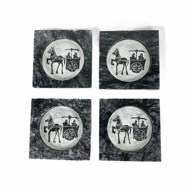Vintage Black Marble Coasters with Roman Figures, Set of 4 