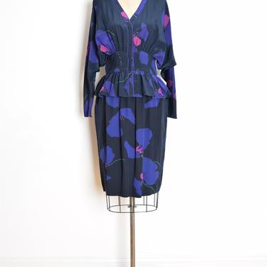 vintage 80s top skirt set black purple floral print silk blouse shirt outfit S 