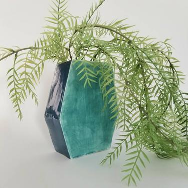 Vintage Modern Green Vase / Hand Made Ceramic Vase / Hexagonal Blue Flower Vase / Decorative Two Tone Accent Vase / Vintage Home Decor 