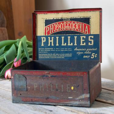 Vintage cigar tin / 1920s Bayuk Philadelphia Phillies cigar tin / vintage advertising tobacco litho can / 5 cent cigar collectable box 