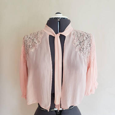 1930s Bed Jacket Pink Silk Crep De Chine / 30s Sheer Lace Lacey Cropped Boudoir Jacket Old Hollywood Shabby Chic / Med / Melisande 